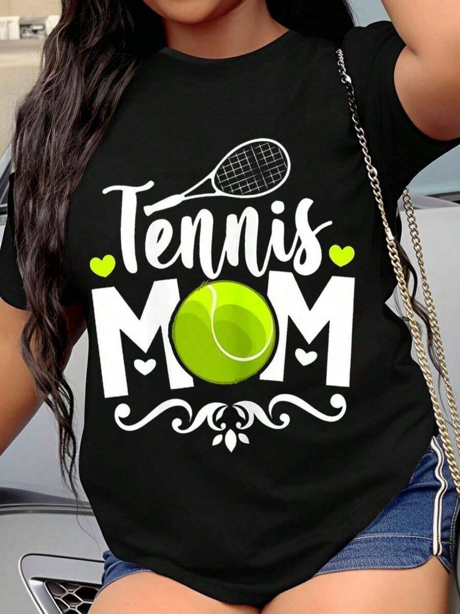 Women's Tennis Mom T-Shirt, Gift For Tennis-Loving Mother, Sports T-Shirt With Racket And Ball Design, Casual Summer Top For Tennis Enthusiasts - Black - View 1