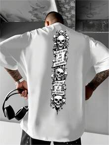 A Must-Have Casual T-Shirt With Skull Prints And Dark Gothic-Style Lettering, Perfect For Fashionable Men. - 白色 - 查看 8