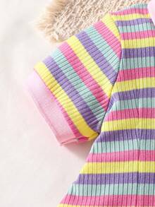 2pcs/Set Girls' Rainbow Striped Polo Dress And Heart Print Handbag Set, Short Sleeve Casual Summer Baby Girl Outfit, Cute And Charming - Multicolor - View 5