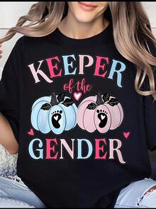 Women's T-Shirt, "Gender Guardian" Women's T-Shirt, Pumpkin T-Shirt For Pregnancy Announcement, Baby Gender Reveal Party Gift In The Fall Season, Fashionable Autumn T-Shirt For Women. - 黑色 - 查看 1