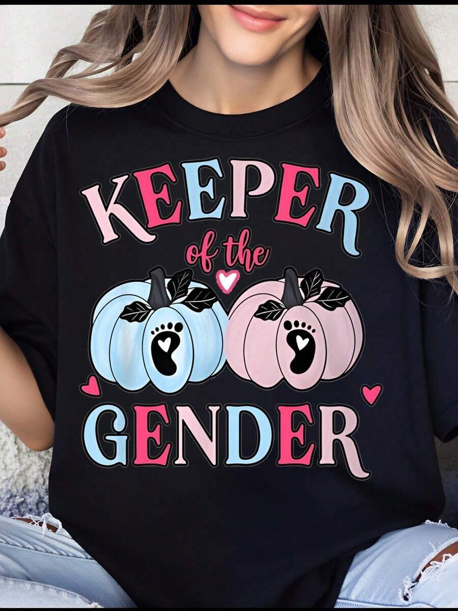 Women's T-Shirt, "Gender Guardian" Women's T-Shirt, Pumpkin T-Shirt For Pregnancy Announcement, Baby Gender Reveal Party Gift In The Fall Season, Fashionable Autumn T-Shirt For Women. - 黑色 - 查看 1