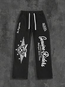 Von Dutches Motorcycle Style Printed Straight Leg Jeans, Cool Motorcycle Street Style, Fashionable Personality, Street Hip-Hop Outfit, Suitable For Work, Commuting, Stage Performances, Parties, Outdoor Wear, Y2K, Men's Summer Pants, Father's Day Gift - 黑色 - 查看 2