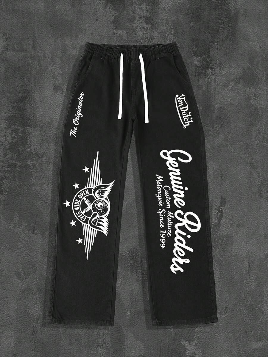 Von Dutches Motorcycle Style Printed Straight Leg Jeans, Cool Motorcycle Street Style, Fashionable Personality, Street Hip-Hop Outfit, Suitable For Work, Commuting, Stage Performances, Parties, Outdoor Wear, Y2K, Men's Summer Pants, Father's Day Gift - Black - View 1
