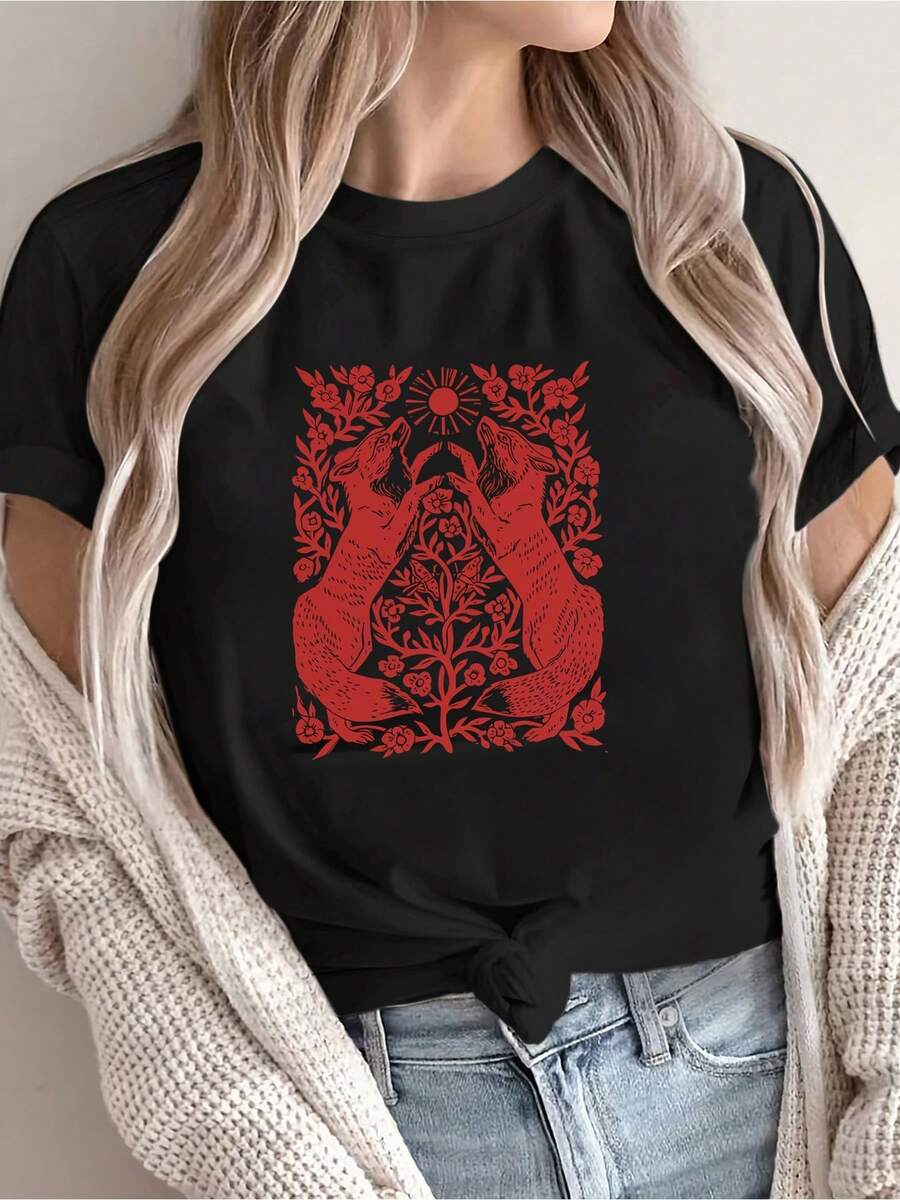 | Exquisite Design | Loose And Comfortable | Easy To Match | Women's Spring/Summer T-Shirt With Bohemian Two Fox Print, 100% Fashionable, Casual Outing Wear, Soft And Comfortable Design. - Black - View 1