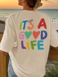 Women's Short-Sleeved T-Shirt With A Round Neck And Colorful Slogan Print, A New Summer Style Suitable For Everyday Wear. Vacation Graphic T-Shirt For Women, White Top For Women - 杏色 - 查看 7