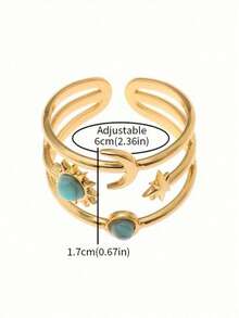 Elegant Adjustable Stainless Steel Ring With Turquoise Inlay - Star, Moon & Sun Design For Women Perfect For Weddings, Parties & Everyday Chic Fashion Jewelry - Gold - View 2
