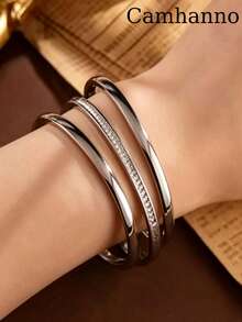 Camhanno Bộ 3 vòng tay | Bộ ba vòng tay xếp chồng bằng thép không gỉ mạ vàng 18K dành cho nữ - Nhiều màu - Xem 10