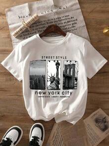 Short-Sleeved T-Shirt With A Round Neck And A Print Of The Statue Of Liberty And The Empire State Building In New York City. Women's Summer Top. Breathable And Comfortable. - 白色 - 查看 11