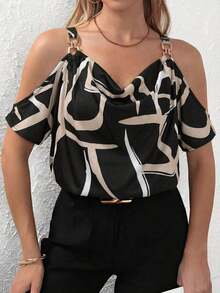 Clasi Blusa con estampado integral, detalle de cadena en el hombro descubierto, parte superior de hombros descubiertos - Negro - Ver 5