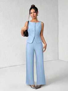 PETITE Conjunto de chaleco y pantalones de un solo pecho de unicolor con cuello redondo, elegante traje de oficina para mujer, ropa de mujer de verano y otoño, conjunto de oficina, ropa casual de negocios, conjunto de dos piezas, ropa de oficina de otoño para mujer, conjunto de blazers para mujer - Celeste - Ver 3