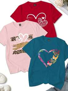Set de 3 camisetas de mujer con estampado de leopardo y floral en forma de corazón, camisetas gráficas de verano - Multicolor - Ver 4