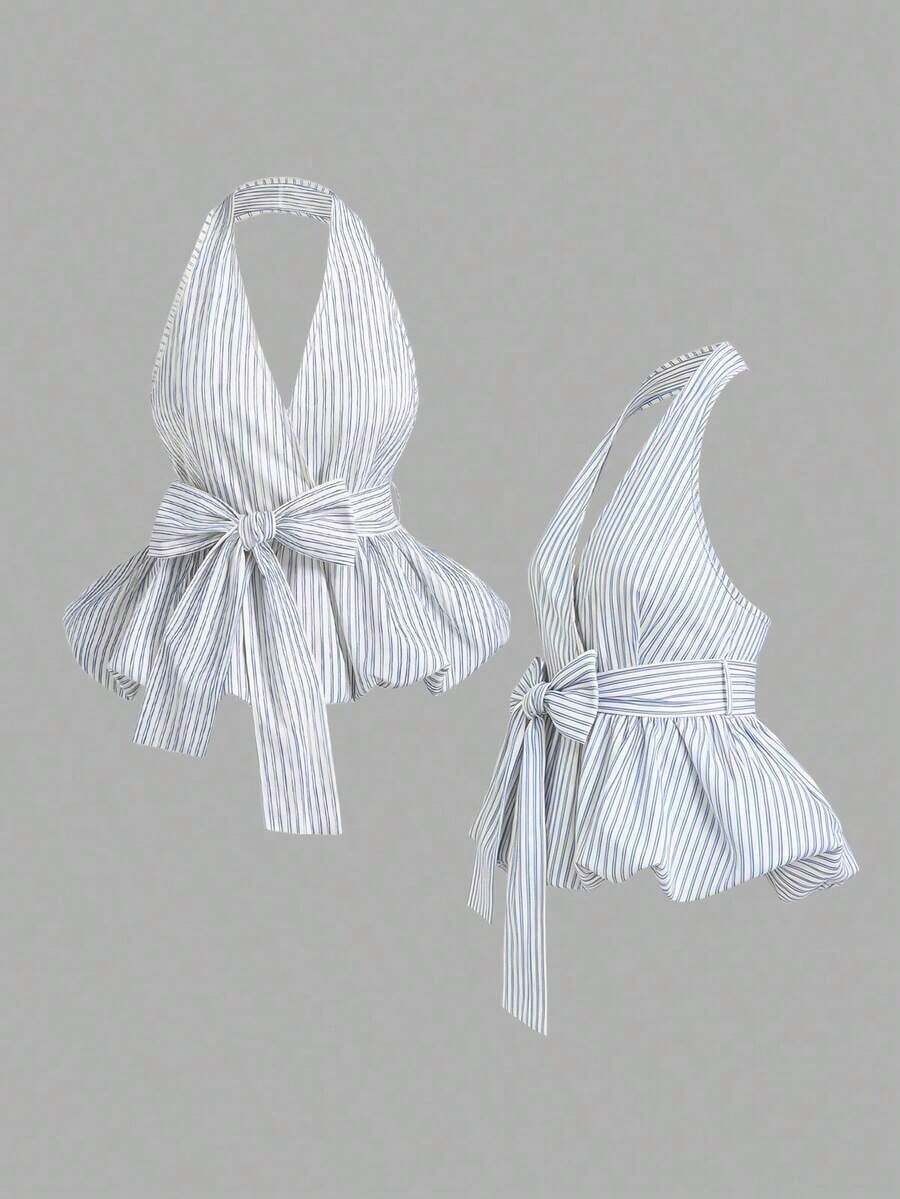 2026 Nueva llegada Blusa de mujer con estilo envolvente y detalle de lazo, patrón de rayas clásico - Versátil para uso casual diario, oficina, viajes relajados - Multicolor 4 - Ver 1