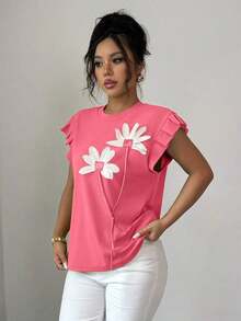Camiseta de mujer con flores tridimensionales lindas y contrastantes para verano y otoño - Rojo - Ver 6