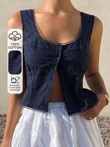 Cárdigan corto sin mangas casual de mujer, estilo bohemio, con textura de rayas, adecuado para la playa, la calle, primavera/verano - Azul marino - Ver 9