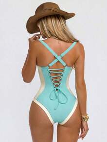 Traje de baño de una pieza con control de abdomen, con abertura lateral, push-up y efecto estilizante, en marrón y beige para mujer - verde menta - Ver 9