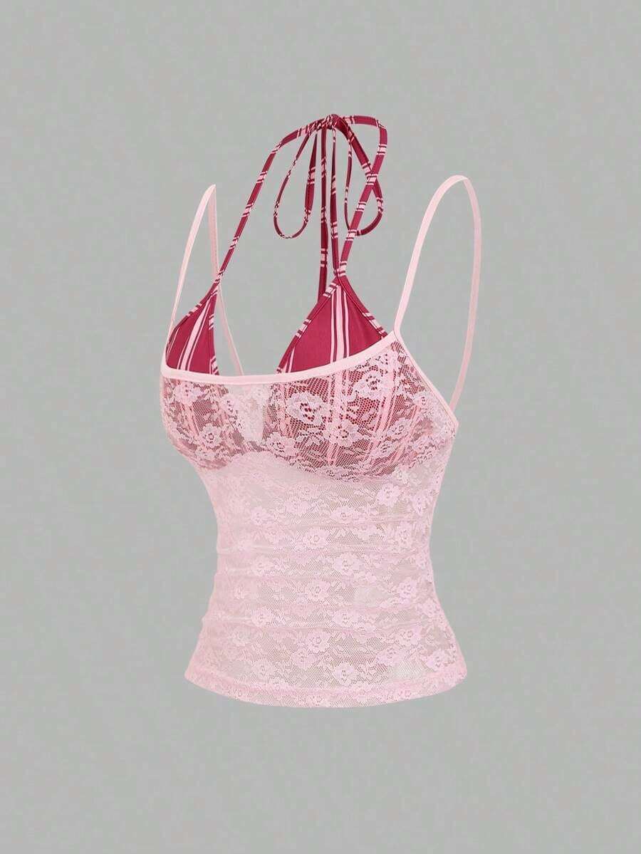Nuevo diseño de camiseta sin mangas ajustada con rayas vintage y asimétrica 2 en 1 sexy para mujer, primavera/verano - Rosa - Ver 1