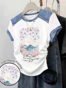 Set de 3 blusas de mujer con estampado de rayas, cuadros y gráficos, de manga corta y con efecto de cintura ceñida - Multicolor - Ver 1