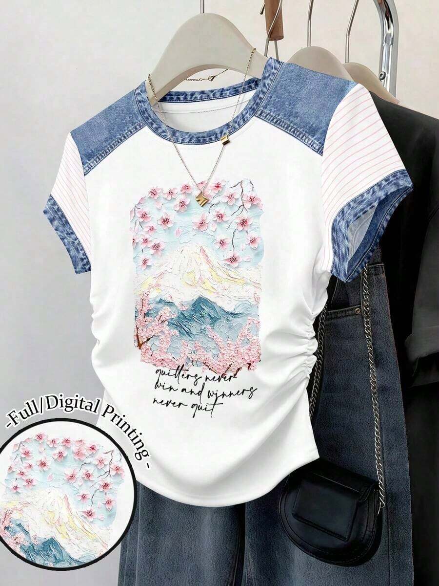 Set de 3 blusas de mujer con estampado de rayas, cuadros y gráficos, de manga corta y con efecto de cintura ceñida - Multicolor - Ver 1
