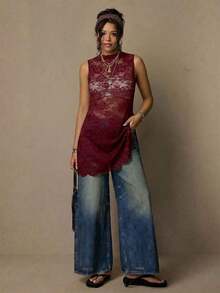 Freevana Blusa sin mangas con estampado floral vintage bohemio y encaje, talla grande, nueva llegada de primavera, adecuada para el Día de San Valentín, festivales de música - Burdeos - Ver 6