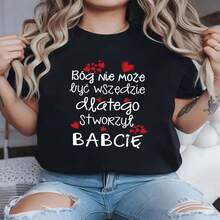 Camiseta casual de algodón de manga corta y cuello redondo para mujer con estampado de texto polaco blanco y corazones rojos, estilo bonito de largo regular para uso diario con tejido elástico de alta calidad. - Negro - Ver 1