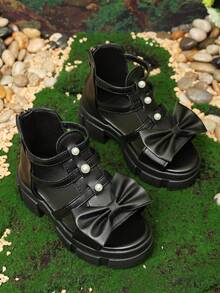 1 Pair Teenage Girls' Black Platform Roman Style Princess Sandals, Solid Color Soft PU Woven + Shiny Pearl Bow Decor, Round Toe Open Toe Chunky Heel Comfortable Soft Bottom Non-Slip Rear Zipper Design, Fashion Sweet Princess Style Wedge Sandals, Suitable For Daily, School, Outing, Travel, Spring/Summer New Arrival - Black - View 3