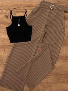 Conjunto elegante de top sin mangas casual/de oficina/de jardín con cinturilla a rayas y pantalones a rayas para mujer, para primavera/verano - Marrón y negro - Ver 3