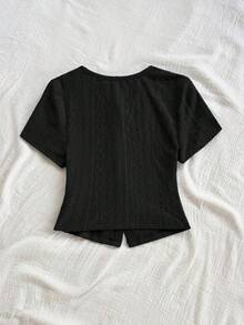 Blusa casual de verano para mujeres, top blanco de manga corta con cuello redondo y estampado floral, para vacaciones de verano - Negro - Ver 2