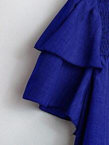 Linhara Blusa casual de verano de talla grande para mujer, de unicolor, cuello redondo, manga corta de doble capa, plisada, de moda versátil para vacaciones - azul real - Ver 5