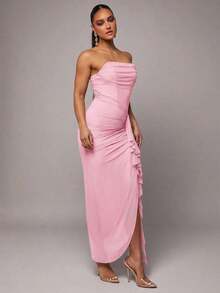 Vestido elegante de primavera y verano temprano con estampado floral verde, cuello fruncido, manga abullonada y abertura alta, también adecuado para el Día de San Valentín, citas, ocasiones románticas;talla grande vestido ajustado de encaje para mujeres, vestido para el Día de San Valentín, vestido de fiesta, vestido para citas románticas, vestido de dama de honor, vestido de noche, vestido para el trabajo, vestido de cumpleaños, vestido de noche elegante para mujeres, vestidos elegantes para mujeres, vestidos para mujeres, vestidos de fiesta para mujeres, vestidos formales para mujeres, vestidos de verano para mujeres - Rosa Pálido - Ver 7