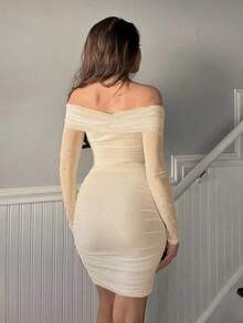 de mujer blanco con hombros descubiertos y perlas falsas, elegante vestido de mujer con contraste de malla, fruncido, cremallera, manga larga descubierta del hombro, ajuste ceñido, manga recta corta blanca, vestidos cortos sencillos de muj - Albaricoque - Ver 2