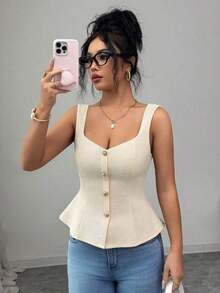 Top de tirantes anchos con cuello cuadrado, abotonado delantero, cintura plisada y ajustado para mujer, unicolor y elegante - Albaricoque - Ver 3