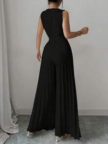 Mono plisado con diseño de chaleco cruzado elegante para mujer, color albaricoque, para primavera y otoño - Negro - Ver 2