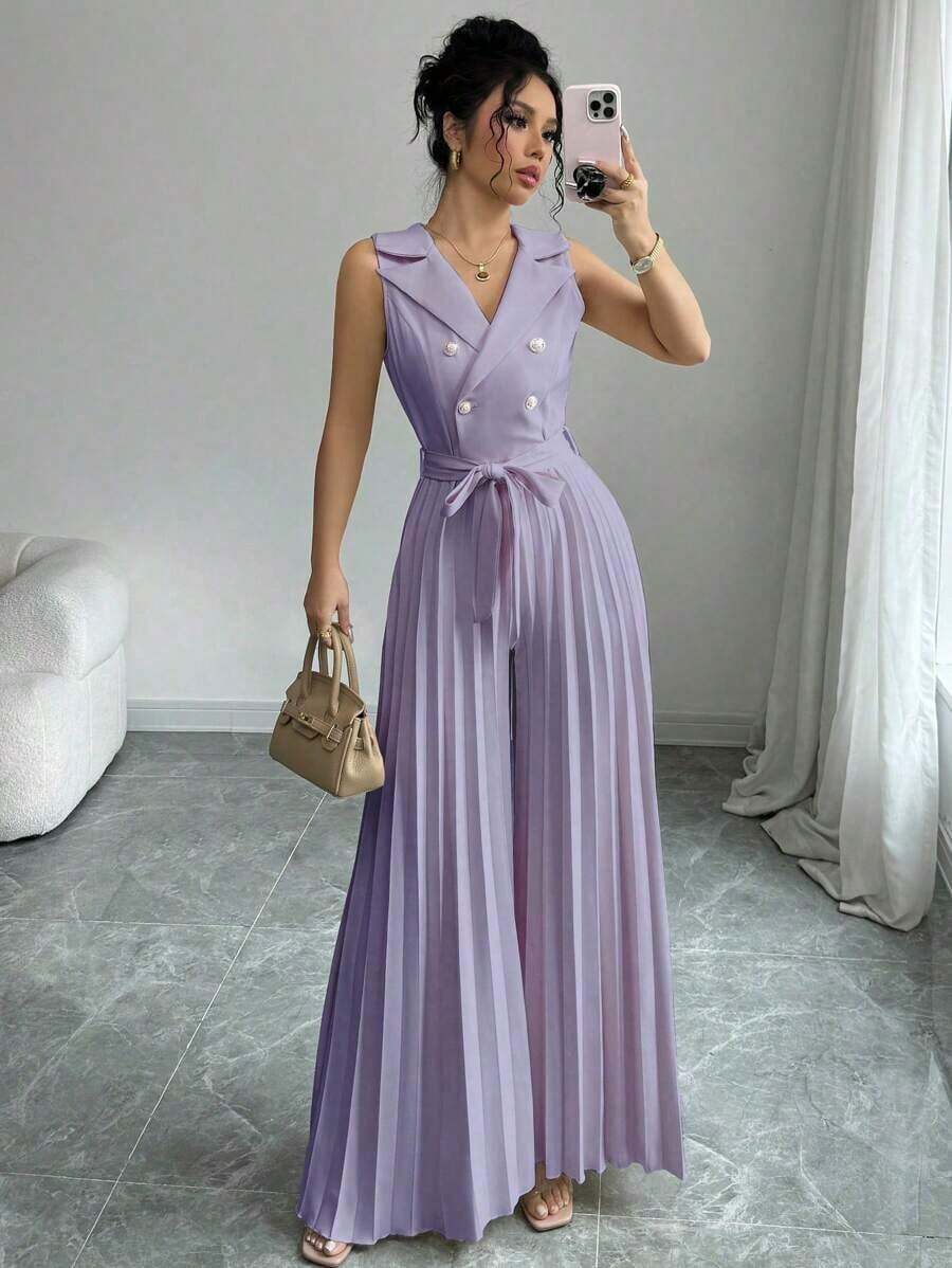 Mono elegante de mujer con diseño de doble botonadura y plisado en color albaricoque, para primavera y otoño - Púrpura malva - Ver 1