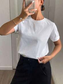 Camiseta casual sencilla de color liso para mujer, uso diario de moda, nueva llegada de otoño - Blanco - Ver 6