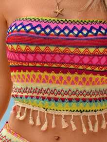 2 piezas Conjunto de bikini con camiseta de mujer, tela con textura a rayas de colores, decoración con flecos bohemios, estilo de resort de playa, adecuado para piscina y playa - Multicolor 2 - Ver 6
