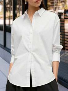 Camisa de mujer con botones, ajuste clásico, camisa de vestir, para trabajo y casual, blusa de manga larga, color blanco, para primavera - Blanco - Ver 1