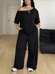 Conjunto de dos piezas de camiseta hombros descubiertos y pantalón ancho de chándal para mujer talla grande, minimalista, ropa de calle, uso diario, salir, deporte, cómodo - Negro - Ver 3