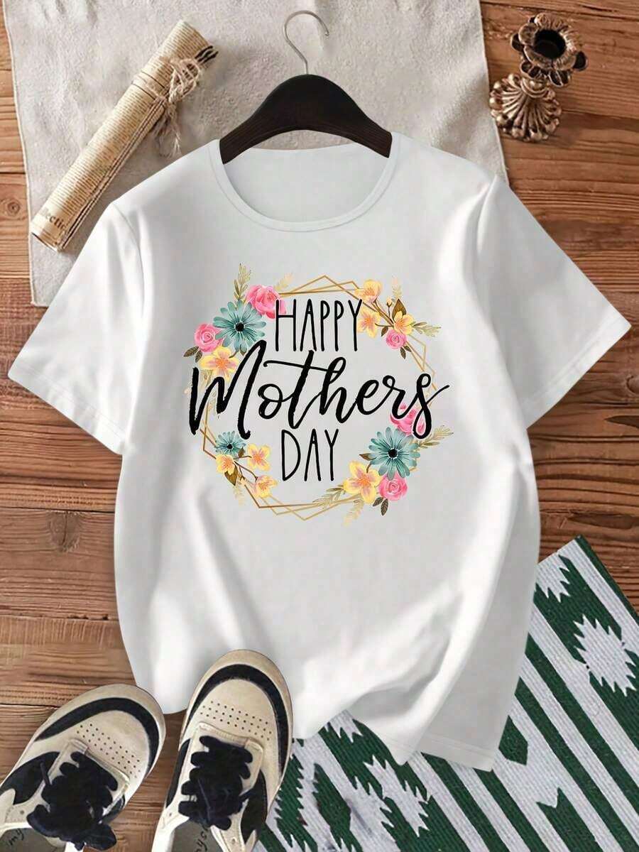 Camiseta Moderna Minimalista con Estampado de Letras, Manga Corta, Cuello Redondo, Top Casual para Verano, Ropa Casual de Mujer para el Día a Día - Blanco - Ver 1