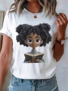 Women's Casual Short Sleeve T-Shirt, 100% Cotton - Cute Black Round Neck Blouse With Letter A Design. Casual Spring And Summer Wear, Ideal For Gifts. Machine Washable. Comfortable T-Shirts For Spring, Summer, And Autumn. - 白色 - 查看 7