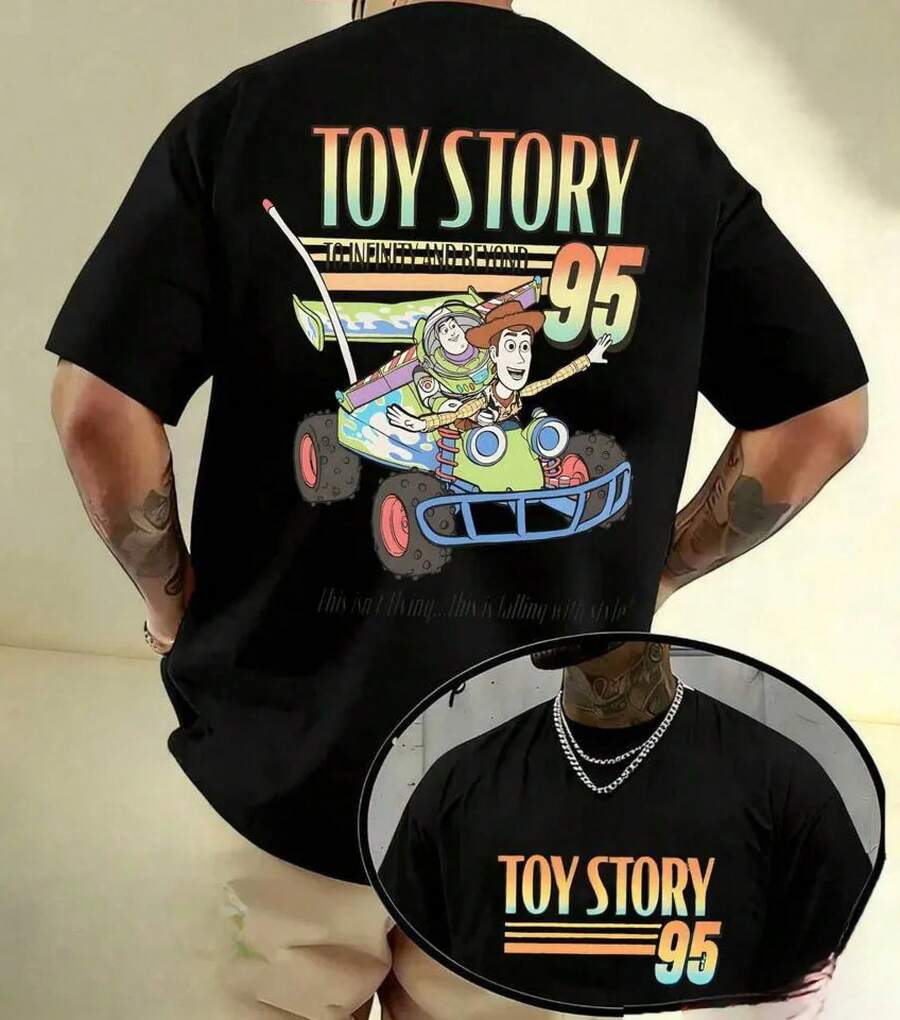 Unisex Cotton T-Shirt With Round Neck And 95 RC Car Adventure Print - Urban Vintage Style, Loose-Fitting Short-Sleeved Unisex Cotton T-Shirt With Round Neck, Blouses For Women. Blouses. Casual Blouses For Ladies. Blouses For Women. Blouses. Casual Blouses For Ladies. Print. Printed T-Shirt. Print. - 黑色 - 查看 1