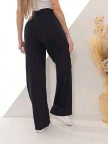 High-Waisted Wide-Leg Pants With Crease, Plain Wool, For Winter. - 黑色 - 查看 3
