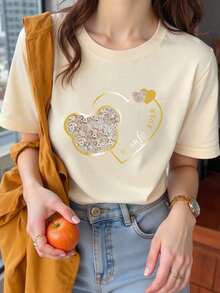 Women's Graphic Print Short-Sleeve T-Shirt With Round Neck And Faux Pearls, Casual Summer Top, Graphic Tees For Women. - 杏色 - 查看 1