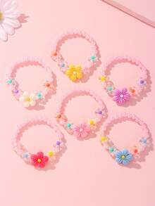 6pcs/Set Cute Flower Beaded Bracelets Set For Girls, Colorful Beads For Holiday Party, School, Daily Wear - Multicolor - View 5