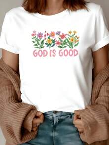 Frase inspiradora que expresa fe y esperanza rodeada de coloridas flores que simbolizan alegría y gratitud camiseta de mujer casual cómoda ideal para uso diario - Blanco - Ver 8