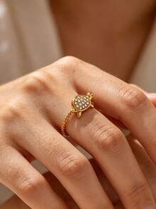 1 Pc Fashion Cubic Zirconia Turtle Ring For Women Gold Color Geometric Ring Summer Ocean Series Beach Party Jewelry Gift - Multicolor - View 1