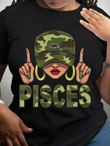 Camiseta Casual con Gráfico del Signo Zodiacal Piscis, Gorra de Camuflaje y Diseño de Aros Dorados para Mujer, 220g, 100% Algodón, Resistente - Negro - Ver 7