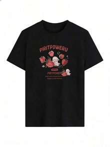 Camiseta casual rosa de algodón para mujer con estampado gráfico de fresas, manga corta, cuello redondo, corte regular, ideal para uso diario.--Camiseta cómoda y relajada para el ocio - Negro - Ver 2