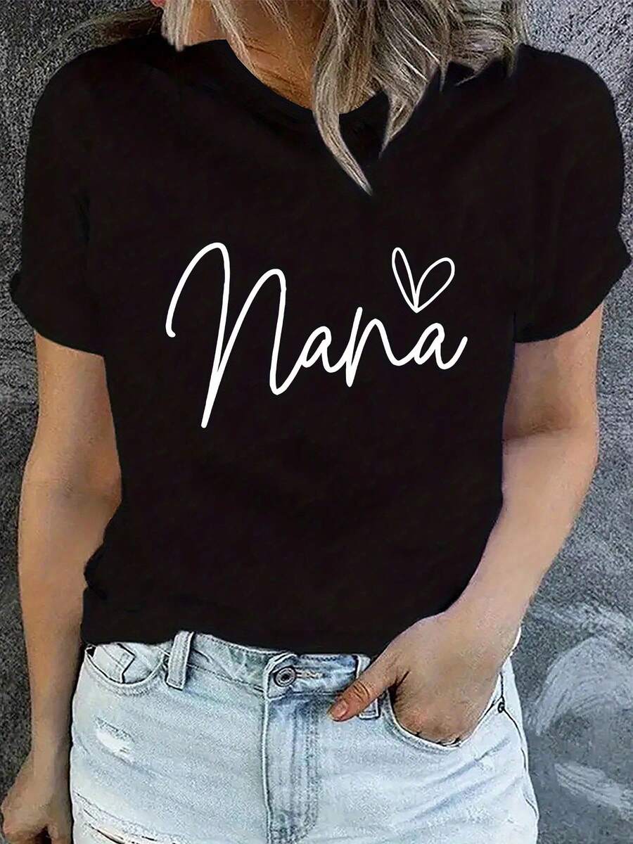 Camiseta de manga corta LightweightNana, top casual de cuello redondo, adecuada para la primavera y la ropa femenina, camiseta de color sólido a la moda, apta para todas las estaciones, perfecta como regalo, elegante e informal, una opción ideal para ropa urbana y conjuntos casuales diarios. - Negro - Ver 1