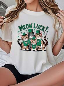 Camiseta casual de mujer de manga corta, opciones de color blanco y , gatos de la suerte con sombreros y chalecos verdes, tema del Día de San Patricio, camiseta estampada para mujeres, atuendos de verano, camisetas de diseño de animales lindos, tops de verano, camisetas estampadas, atuendos de verano para mujeres, camisetas estampadas, tops cortos para mujeres, tops para mujeres, vintage de algodón, ropa linda para mujeres, atuendo de Navidad para mujeres, vestidos elegantes para mujeres, ropa deportiva para mujeres, pilates, , camisas deportivas, tops deportivos,Suitable for spring, summer and autumn - Blanco - Ver 7