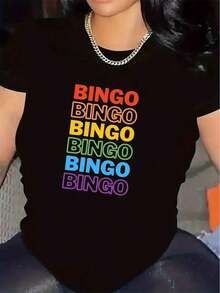 Black And White Polyester Short-Sleeved T-Shirt With A Colorful Bingo Print, Ideal For Parties Or Lounging At Home. Durable And Lightweight Fabric, Comfortable Fit For Casual Outfits, Stylish Design For Informal Ensembles. Women's Blouses > Clothing - 黑色 - 查看 6